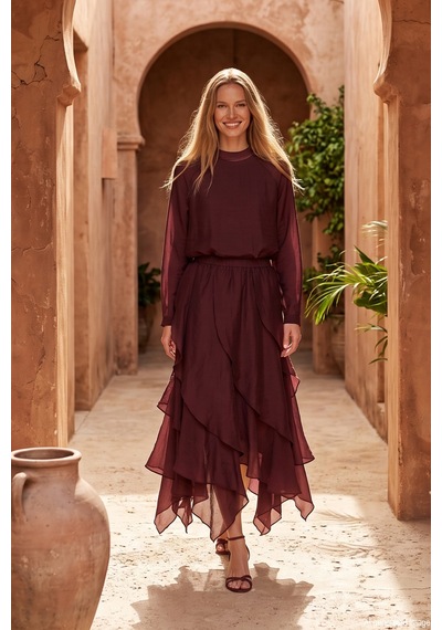 Lale Butik Fırfır Detay Bluz Ve Etek Takım 220895 Mürdüm