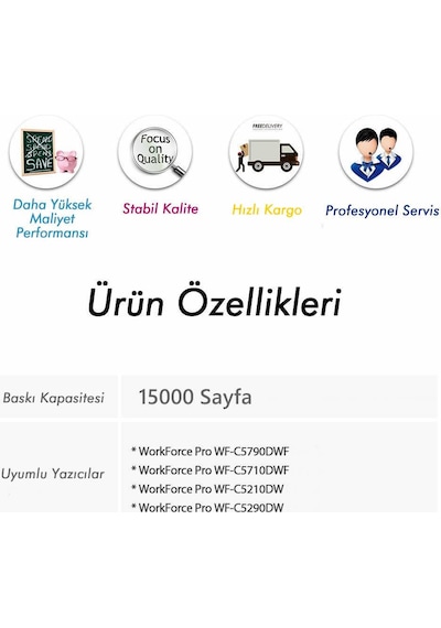 EPSON WF-C5790 WF-C5710 WF-C5290 WF-C5210 Pigment Mavi Mürekkep 500 ml (Uyumlu)