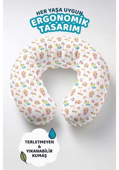 Sevimli Ayıcık Desenli Pamuklu Boyun Yastığı - Renkli Gökkuşağı Temalı Beyaz Seyahat Yastığı Sedefli Gece Deniz Turkuazı