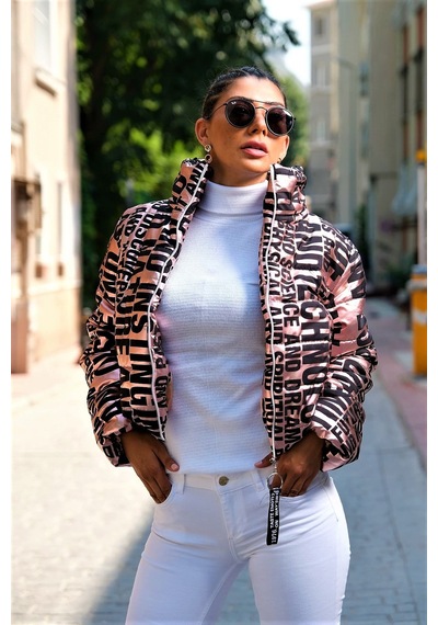 Keyifli Moda Kadın Rose Rengi Parlak Yazılı Dik Yaka Su Geçirmez Kısa Şişme Mo