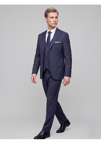 Tk6896 Erkek 3 Parça Slim Fit Çift Yırtmaçlı Takım Elbise Yelekli Şık Klasik Takım 6 Drop Lacivert