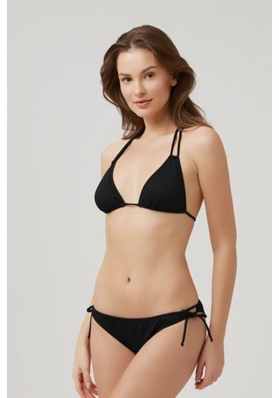 Kom Boyundan Bağlamalı Çıkarılabilir İnce Kaplı Fabyos İpli Dokulu Üçgen Bikini Siyah