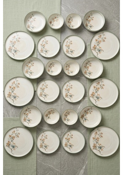 6 Kişilik 24 Parça Bonsai Desenli Porselen Yemek Takımı Şık Modern Sofra Sunum Seti İpek Krem