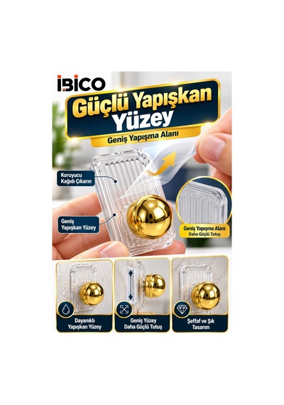 İbico 3'lü Yapışkanlı Altın Askı Seti Vidasız Montaj Güçlü Yapışkanlı Duvar Banyo Mutfak Kapı Askısı Çok Renkli