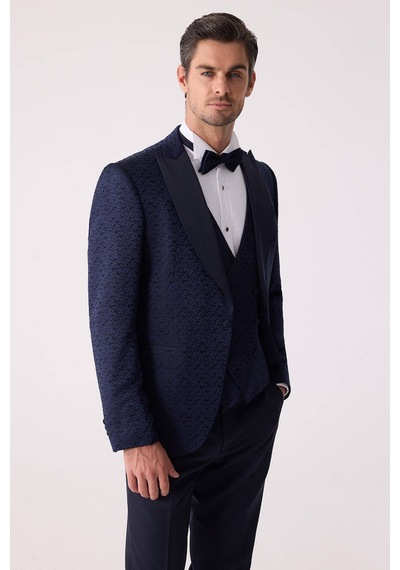 Ysf Erkek Lacivert Damatlık Slim Fit Kırlangıç Yaka Desenli