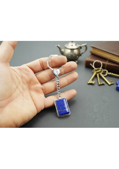 Lapis Taşlı 925 Ayara Gümüş Anahtarlık Altın - Siyah