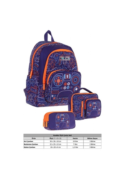 Kaukko Kids Erkek Çocuk Oyun Desenli Üçlü Okul Çanta Seti Okul Çantası+beslenme Çantası+kalemlik Lacivert - Turuncu