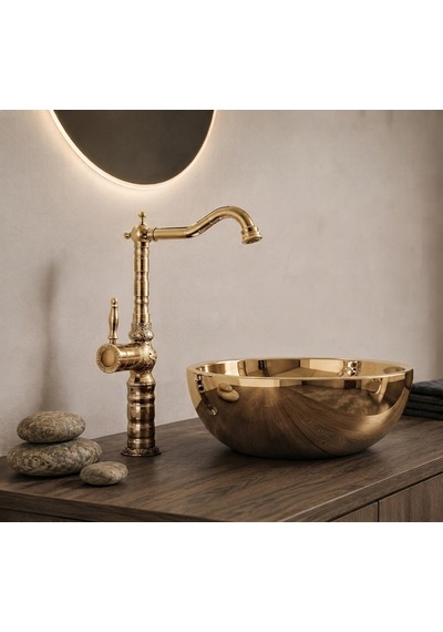 Gold Desenli Rustik Çanak Lavabo Bataryası Altın - Gold
