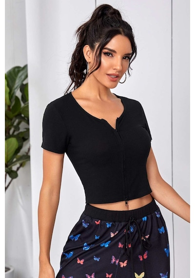Angbutik Kadın Siyah Çift Fermuarlı Yarım Kol Crop Top Bluz