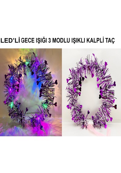 Kalp Püsküllü 3 Modlu Led Işıklı Taç Mor Renk