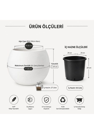 Zevli Dekoratif 27l Küre Saksı Ø35 Cm Sahra Kumu Beton Görünümlü Modern Salon Ve Bahçe Saksısı
