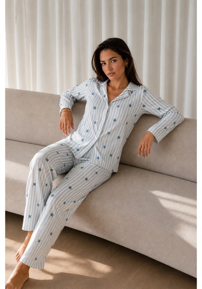 Womanandkids Mavi Kadın Desenli Basic Kış Pijama Takımı