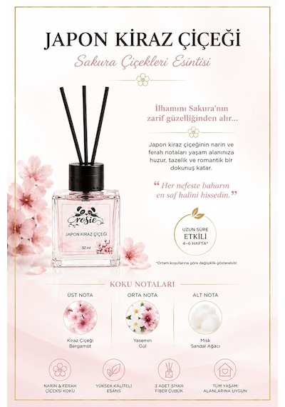 Rosie Japon Kiraz Çiçeği Çubuklu Oda Kokusu, Premium Cam Şişe, Kalıcı Ortam Kokusu, Dekoratif Reed Diffuser