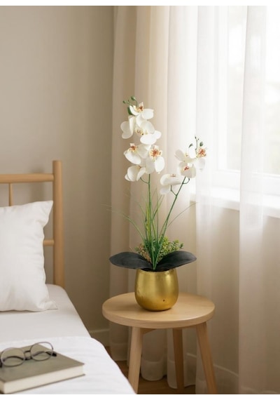 Yapay Çiçek Beyaz Islak Orkide Gold Metal Saksıda Saksıda Orkide 50cm