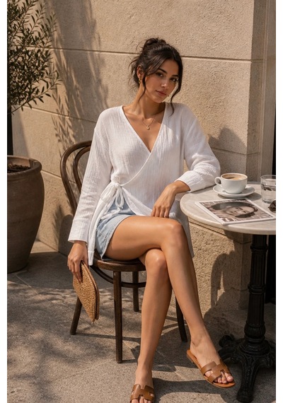 Bbbutikbasic Bağlamalı Müslin Kimono Ceket My3535 beyaz