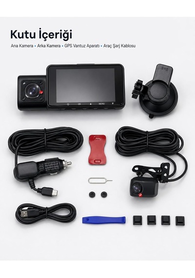 Tr 4k 3 Kameralı Araç İçi Kamera, Ön İç Arka Dash Cam, 4k Ultra Hd Ön Kamera, 1080p İç Ve Arka Kamera, Gps Des
