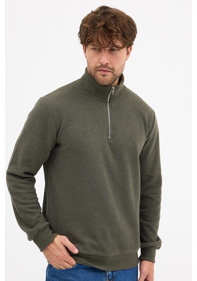 Mmetalic Erkek Haki Standart Fit Normal Kesim Pamuklu Yarım Fermuarlı Dik Yaka Pamuklu Sweatshirt Haki