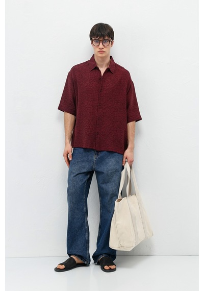Vamos Oversize Desenli Kısa Kollu Gömlek Bordo