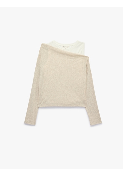 Koton Asimetrik Yaka Uzun Kollu Slim Fit Tişört Bej 7wal10346ık Ekru
