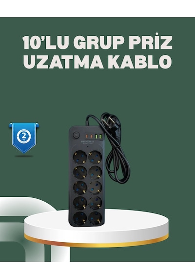 Termal Koruma Sistemli Usb Type-c 10 Lu Grup Priz 2m 2500w Güç Kapasiteli 1