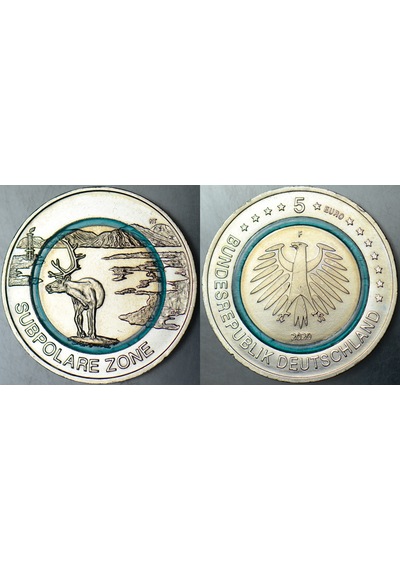 Almanya 5 Euro 2020 F Hatıra-subpolar Zone-ren Geyiği. Şeffaf Mavi Halkalı. Çil.