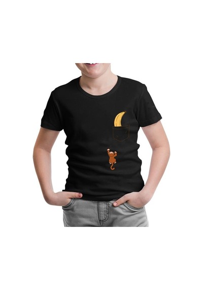 Lord Tshirt Monkey Climbing For Banana İn The Pocket Siyah Çocuk Tshirt 001
