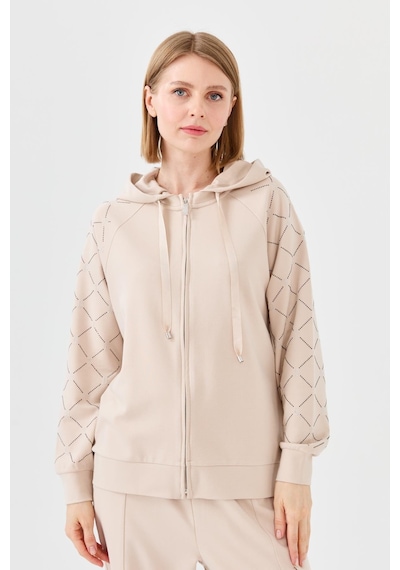 Desen Triko Kadın Triko Taş Baskılı Kapüşonlu Yazlık Sweatshirt Bej Bej