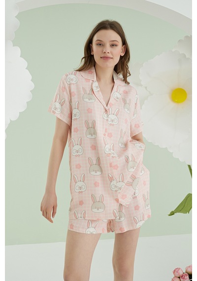 Nbb Kadın Pembe Rabbit Önden Düğmeli Şortlu Pijama Takım