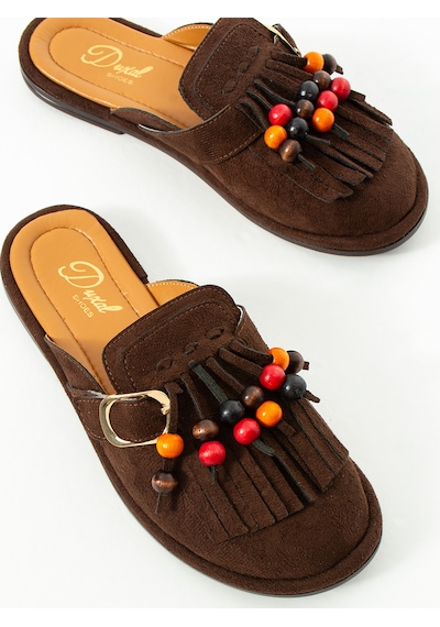 Duxal Shoes Hazel Kadın Süet Püsküllü Boncuklu Tokalı Terlik Mulo Acıkahve