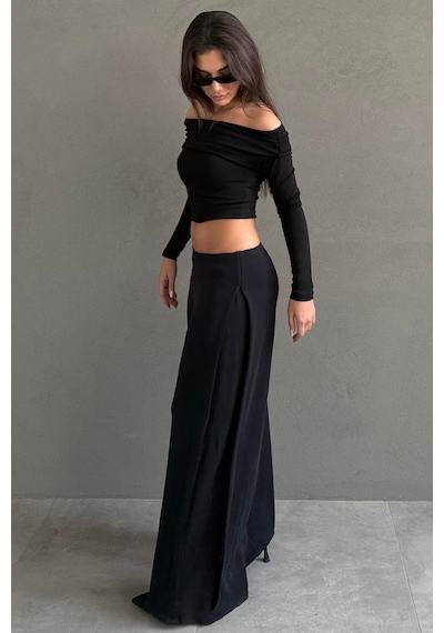 Madmext Siyah Yumuşak Dokunuşlu, Yanları Pilili, Modal İçeren Geniş Paça Pantolon Mg2668