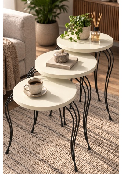 Sulorahome Lükens Metal Ayaklı 3'lü Zigon Sehpa Takımı Krem Bej