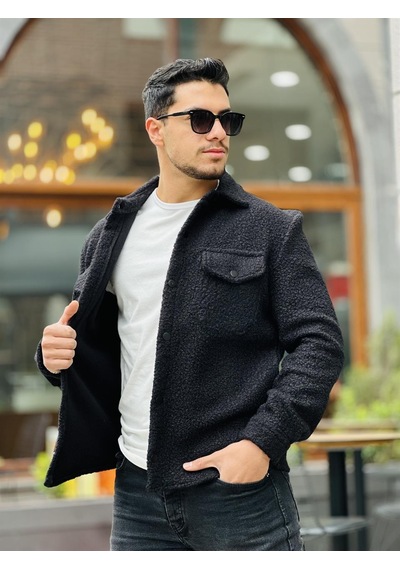 Miron Siyah Kıvırcık Dokulu Kumaş Gömlek Yaka Cepli Regular Fit Ceket Haki