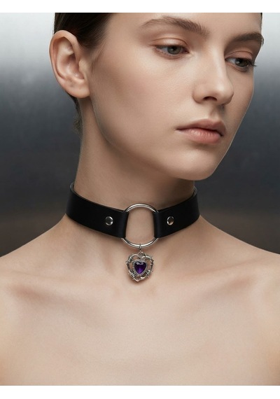 Siyah Pu Deri Haç Figürlü Choker Kolye Gümüş Renk Halka Detaylı Gotik Tarz Kadın Kolye Gtk66 Mor