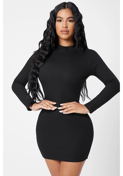 Moda Dua Kadın Siyah Kaşkorse Balıkçı Yaka Uzun Kollu Bodycon Mini Elbise