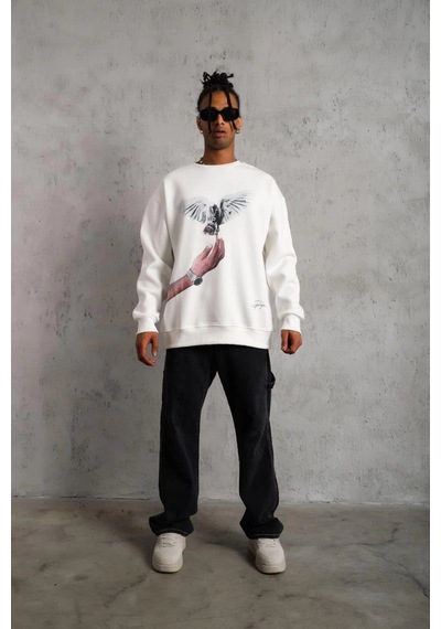 Ertaştrendstore Erkek Güvercin Baskılı 3 İplik Pamuklu Bisiklet Yaka Sweatshirt - Beyaz Çok Renk