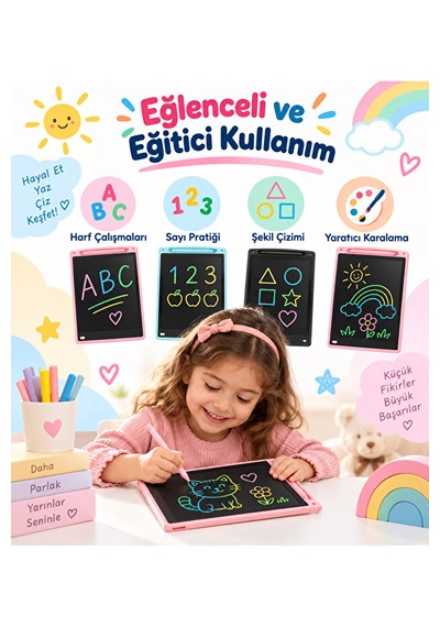 20 İnç Lcd Yazı Ve Çizim Tableti Renkli Ekranlı Tek Tuşla Silme Kalemli Çocuk Not Ve