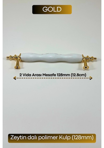 Polimer Zeytindalı Kulp Lüks Modern Mobilya Çekmece Vestiyer Mutfak Dolabı Kulpu 128mm Beyaz-gold