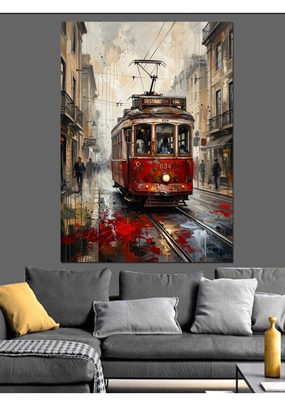 Yağmurlu İstanbul Sokağı Ve Tramvay Dekoratif Kanvas - Mdf Ahşap Tablo