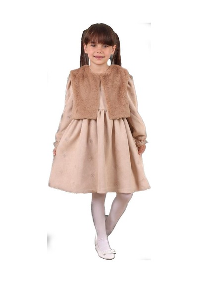 Serkon Kız Bebek Süet Pelüş Yelekli Elbise Ser-0881 Bej