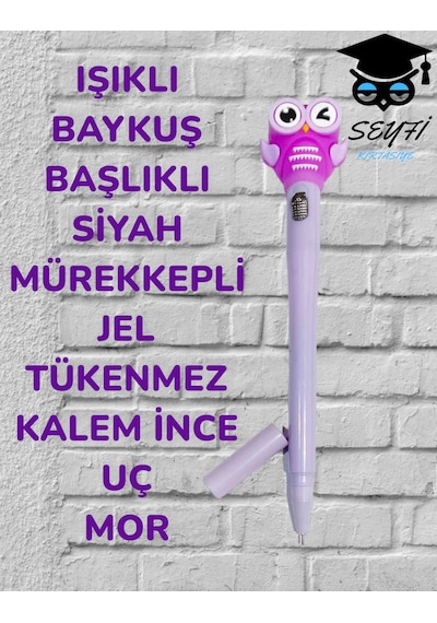 Işıklı Baykuş Başlıklı Siyah Mürekkepli Jel Tükenmez Kalem İnce Uç Mor