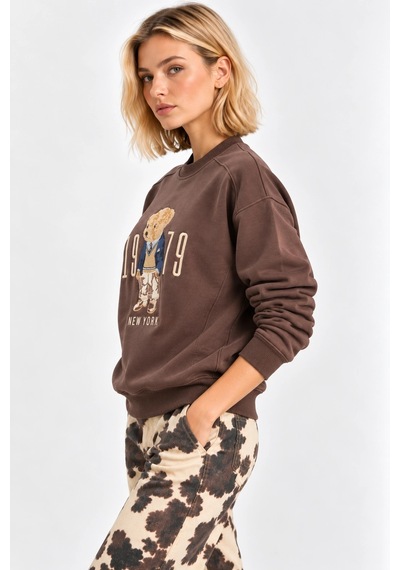 Mevese Kadın Rahat Kesim Teddy Ayıcık Nakış Detaylı Sweatshirt- Kahverengi