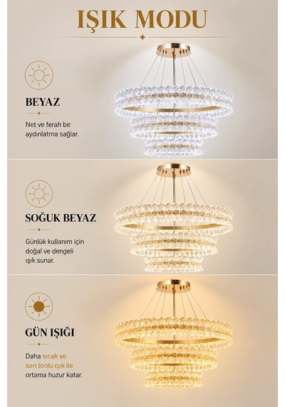 Modern Premıum Lüks Ledli Avize 3 Renkli Gold Sarkıt Salon Avizesi 416w Beyaz