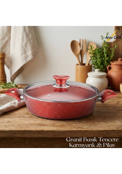 26 Cm Granit Karnıyarık & Pilav Tenceresi Cam Kapak - Kırmızı Kırmızı