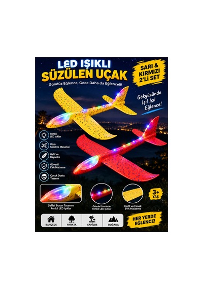 2 Li Led Işıklı Köpük Uçak Seti Kırmızı & Sarı Hafif Dayanıklı Fırlatma Uçağı Açık Hava Oyuncağı - 922543009