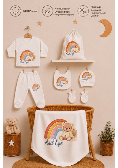 Pia Baby Kişiye Özel %100 Pamuk Erkek Bebek Hastane Çıkışı Zıbın Seti 8 Parça Kese Hediyeli 2013zybk3x Ekru