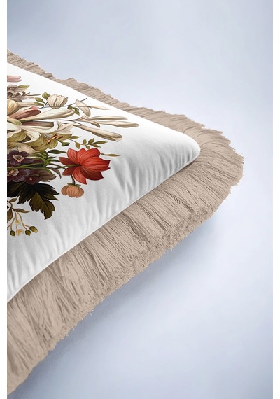 Barok Çiçek Vazo Motifli Saçaklı Yastık Kılıfı - Vintage Klasik Krem Rustik Püsküllü Kırlent Kılıfı Deniz Karamel Barok Çiçek Vazo Motifli Saçaklı Yastık Kılıfı - Vintage Klasik Krem Rustik Püsküllü Kırlent Kılıfı Deniz Karamel