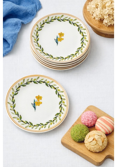 Grandora Zarif Yeşil Desenli 6'lı 20 Cm Pasta, Tatlı Ve Sunum Tabağı, Modern Şık Kaliteli Pasta Tabağı Beyaz