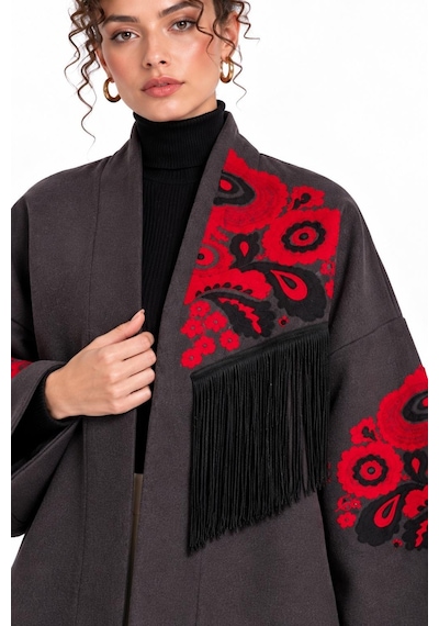 Saade Füme Etnik Çiçek Nakışlı Püsküllü Kimono Ceket Fume
