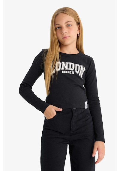 Defacto Kız Çocuk Slim Fit Dar Kesim Bisiklet Yaka Baskılı Fitilli Kaşkorse Uzun Kollu Tişört C7465a825aubk81 Siyah