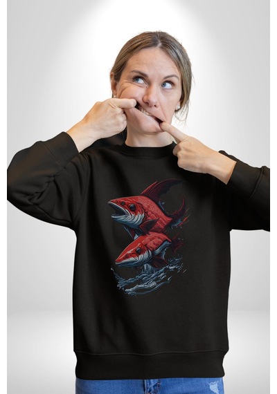 Kırmızı Japon Balığı Unisex Siyah Baskılı Sweatshirt Siyah